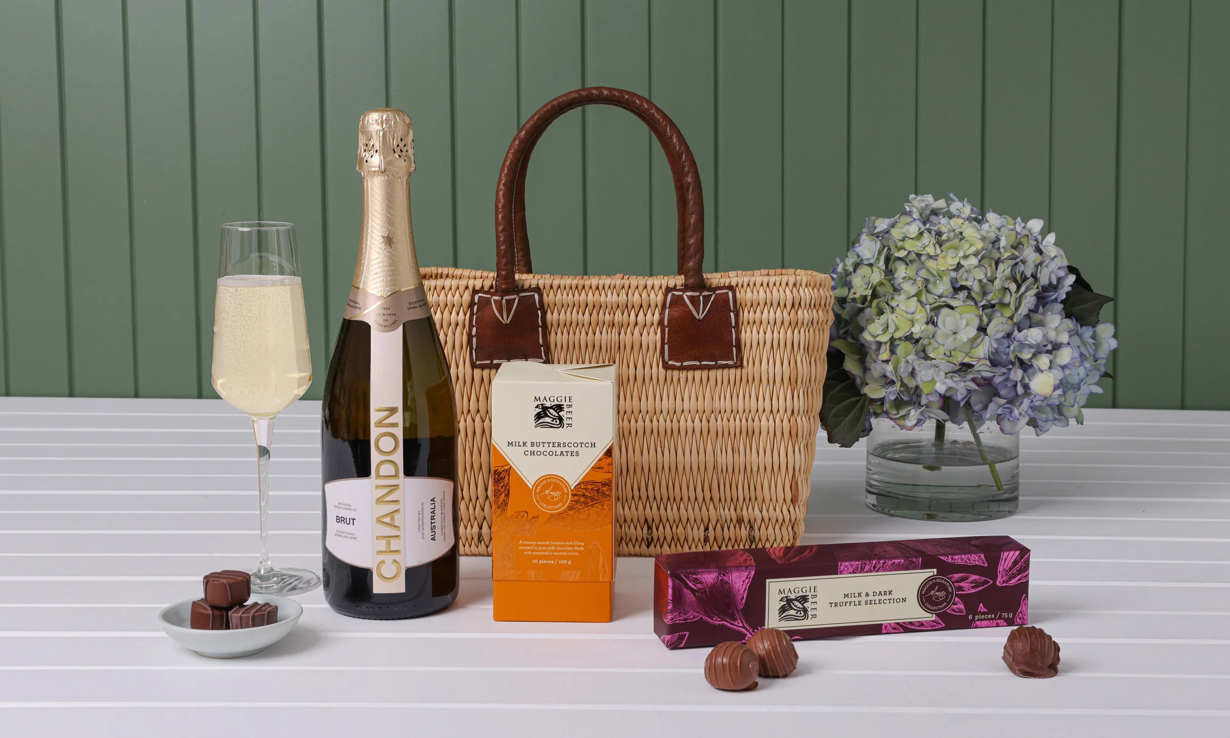 French Market Basket Mini Tote with Chandon & Chocolates Hamper