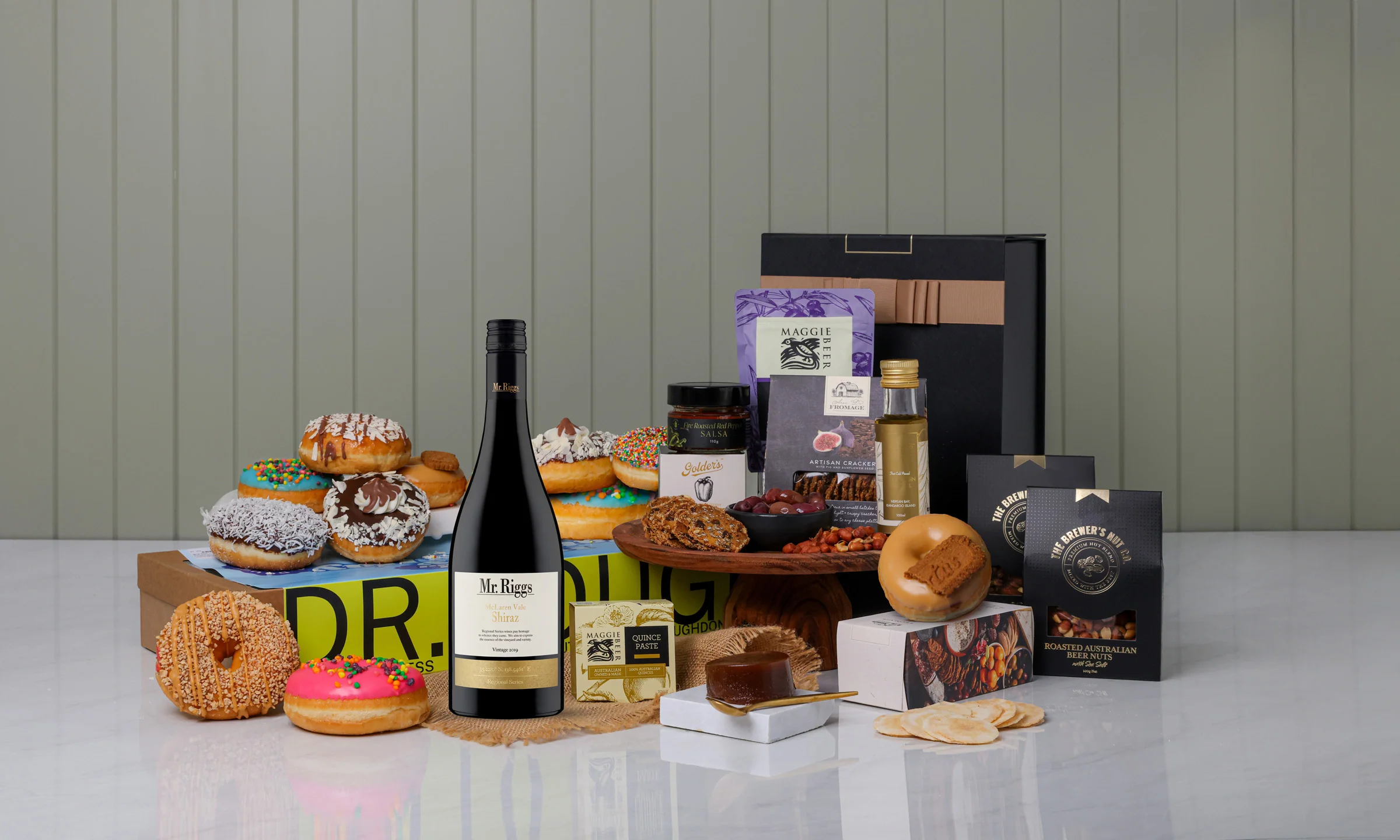 Happy Birthday Red Wine and Nibbles Hamper with Dr Dough Donuts