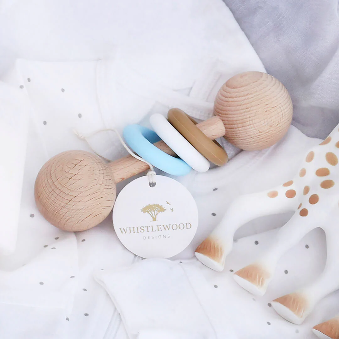 Natural Beechwood & Blue Silicone Baby Rattle - Image 3