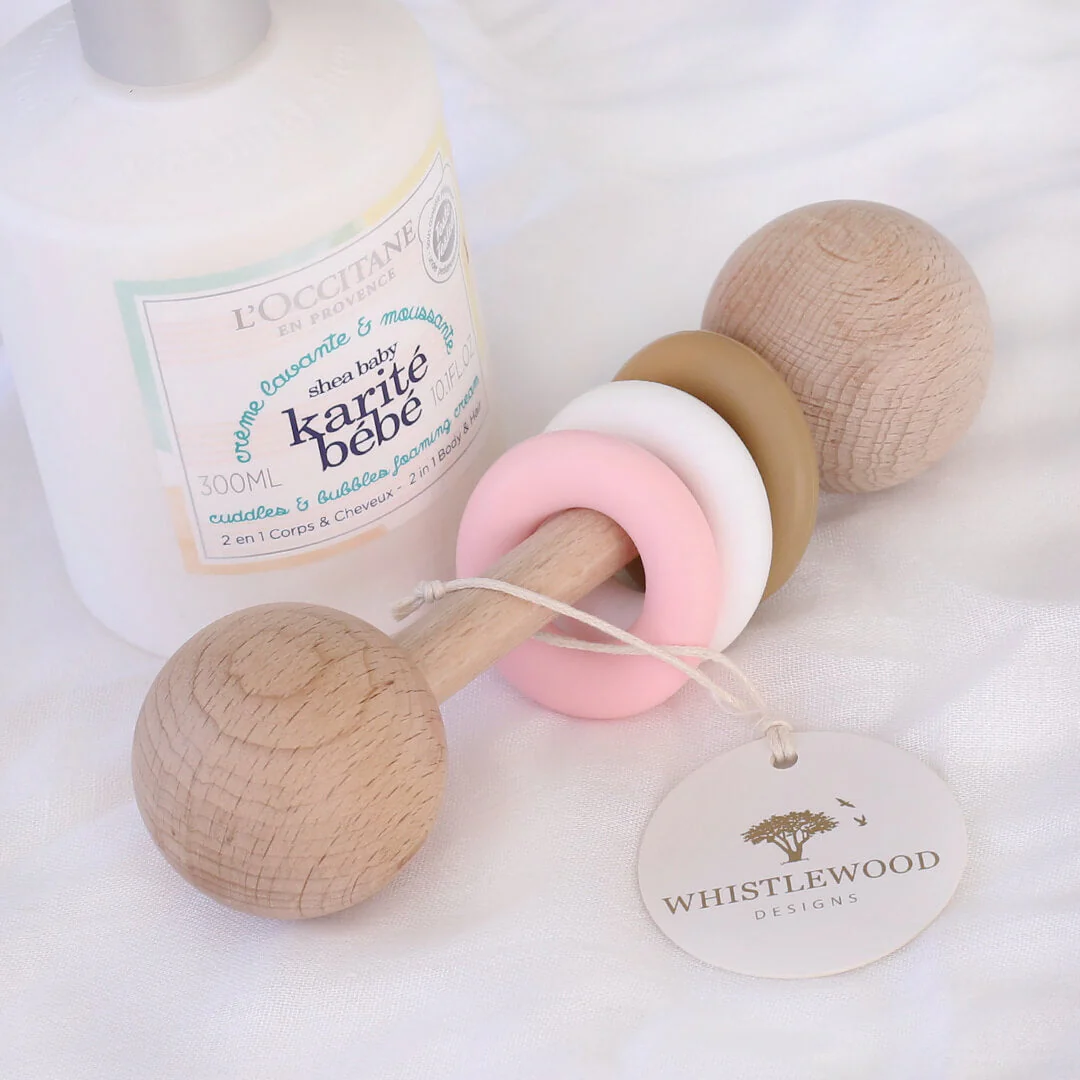 Natural Beechwood & Pink Silicone Baby Rattle - Image 3