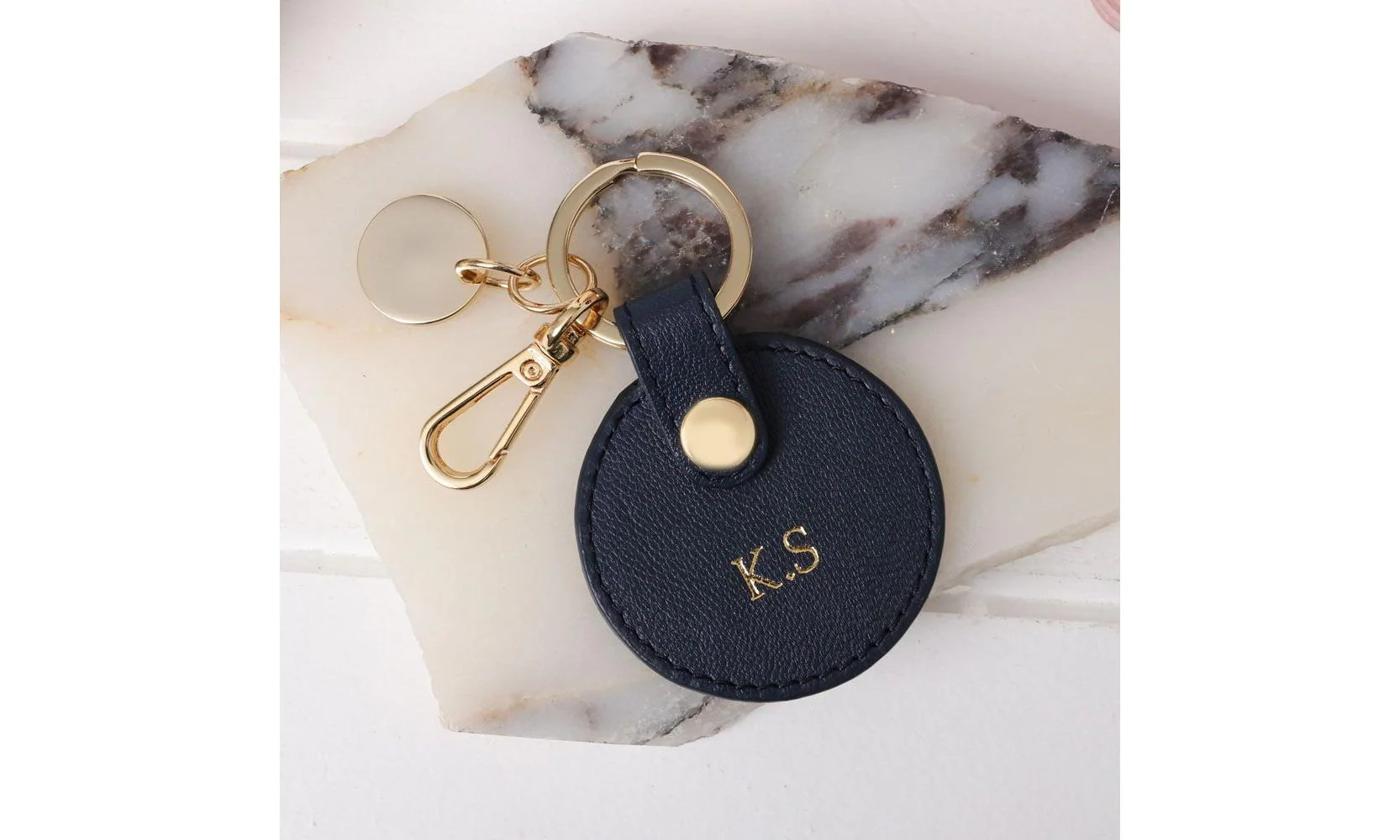 Personalised Leather Circle Clip Keyring - Navy