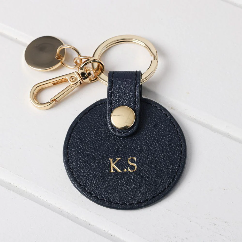 Personalised Leather Circle Clip Keyring - Navy - Image 3
