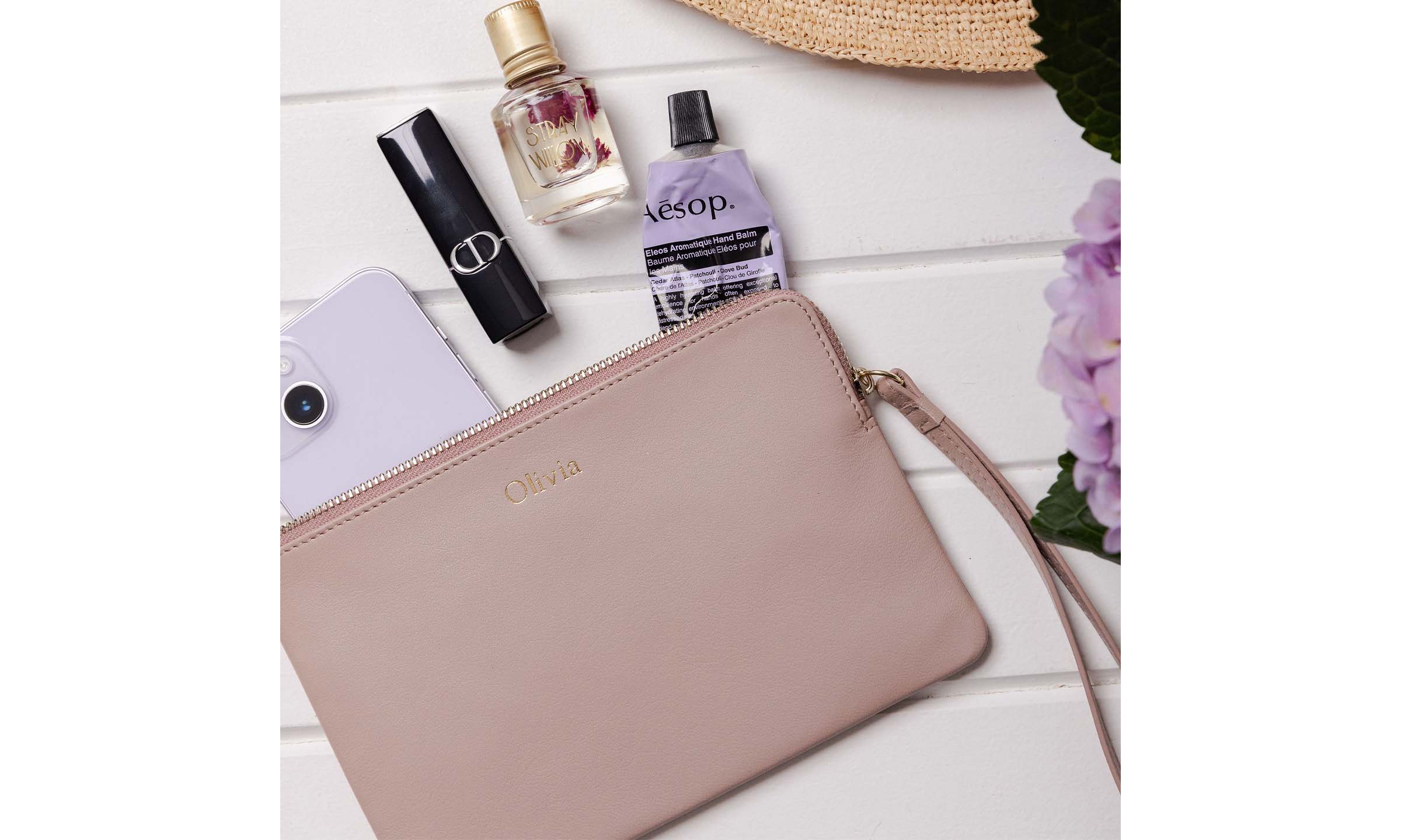 Personalised Leather Clutch with Wristlet - Blush
