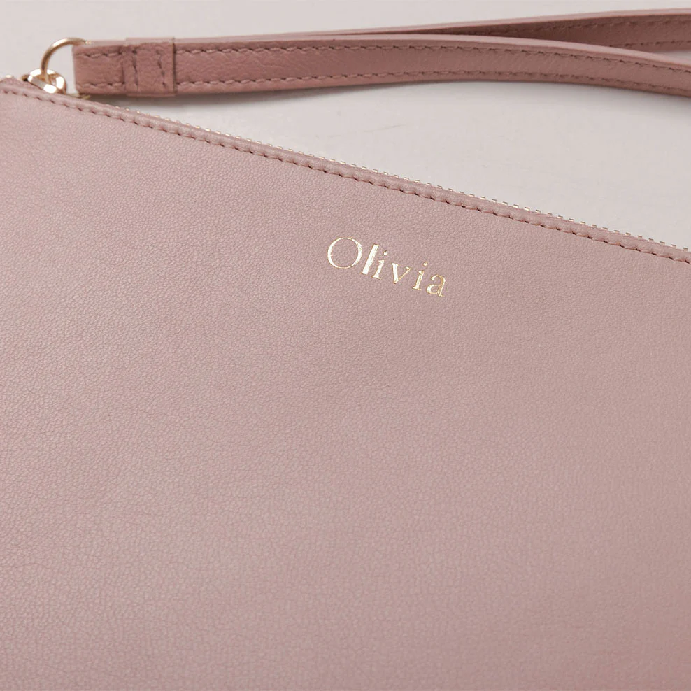 Personalised Leather Clutch with Wristlet - Blush - Image 3