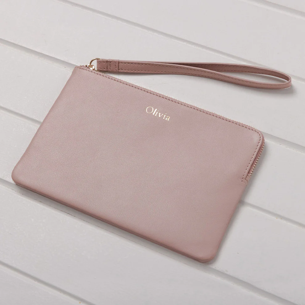 Personalised Leather Clutch with Wristlet - Blush - Image 4
