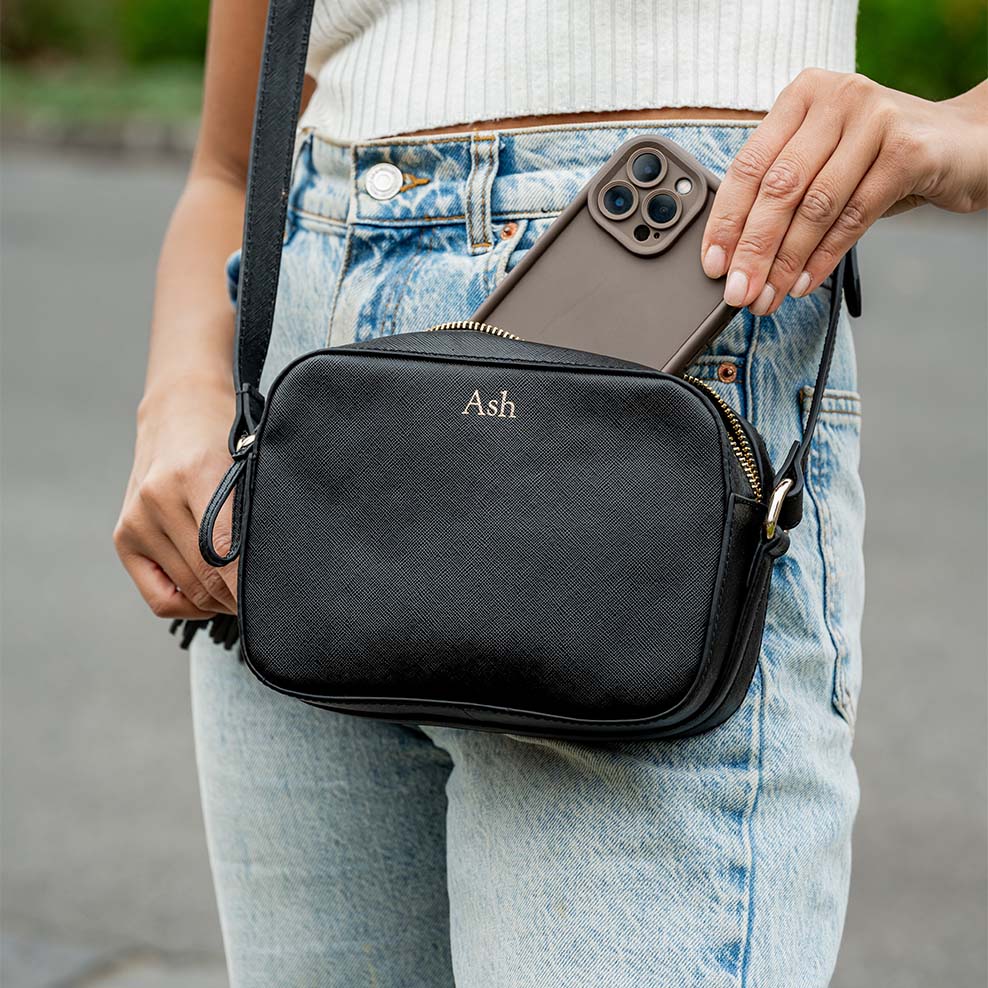 Personalised Leather Crossbody Bag - Black Saffiano - Image 2