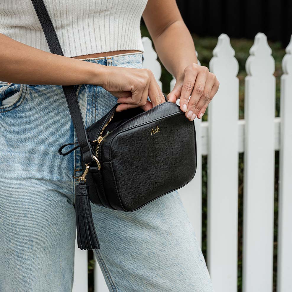 Personalised Leather Crossbody Bag - Black Saffiano - Image 5