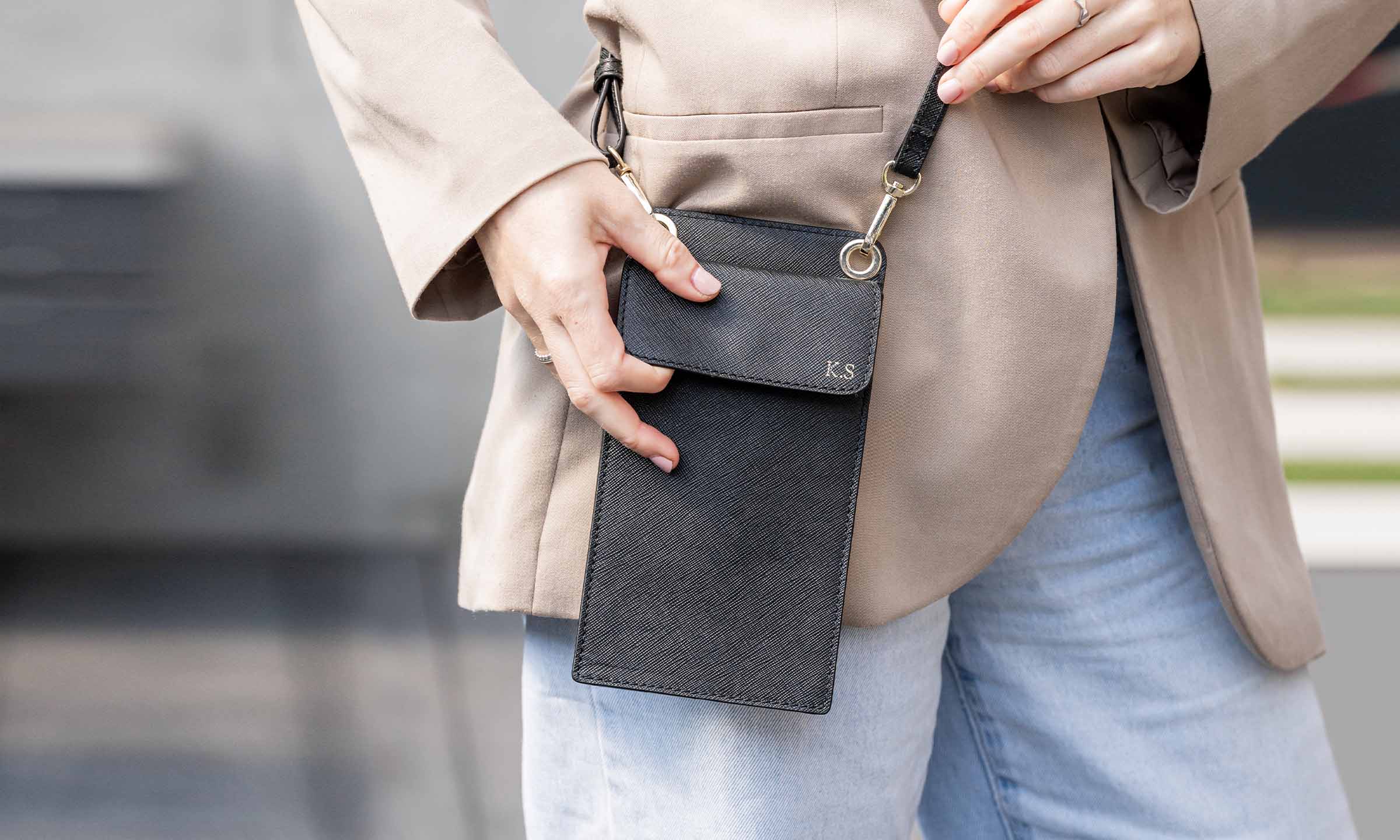 Personalised Leather Crossbody Phone Bag - Black Saffiano