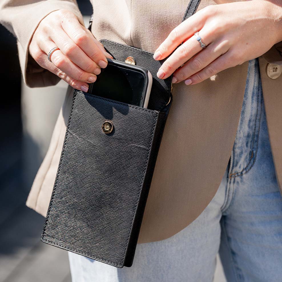 Personalised Leather Crossbody Phone Bag - Black Saffiano - Image 2
