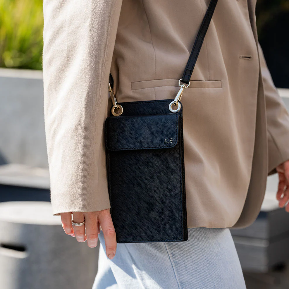 Personalised Leather Crossbody Phone Bag - Black Saffiano - Image 5