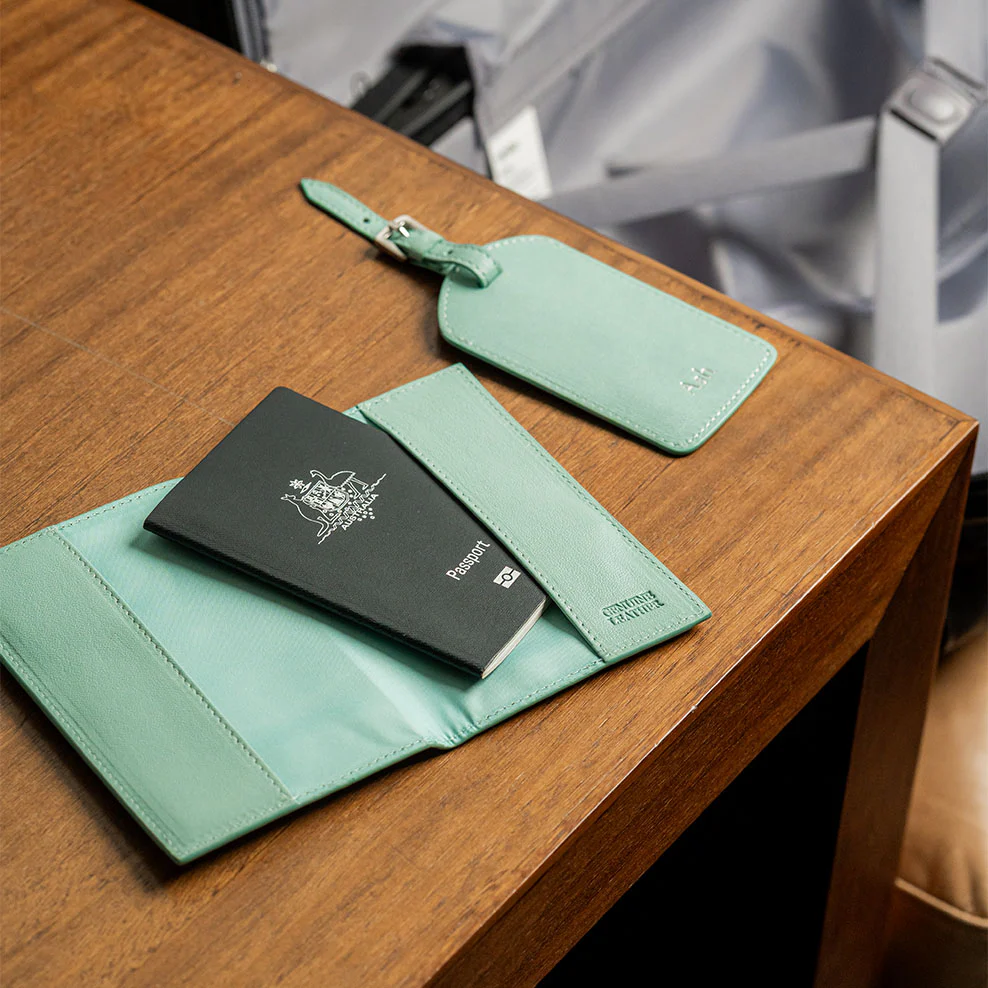 Personalised Leather Passport & Luggage Tag Set - Tiffany Blue - Image 2