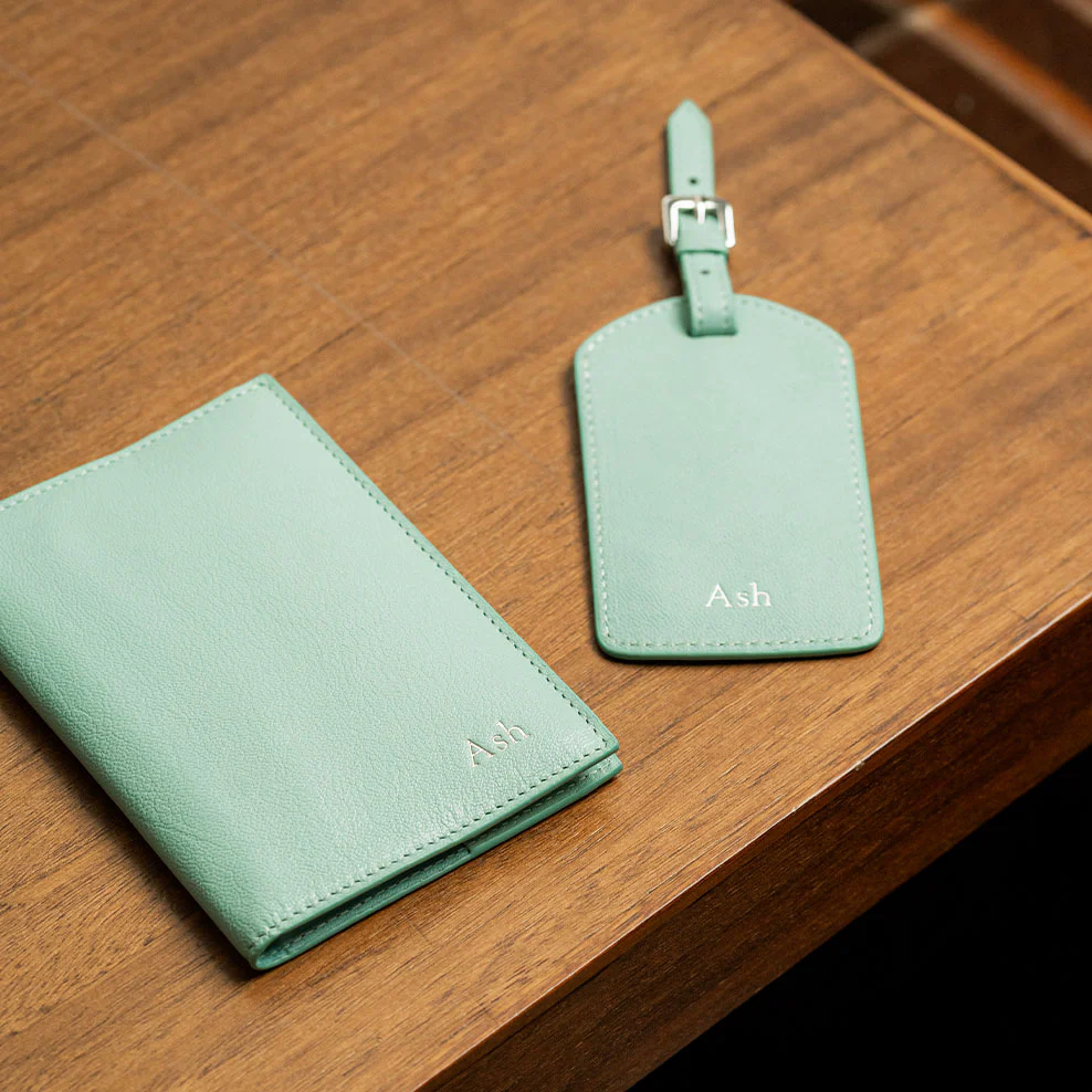 Personalised Leather Passport & Luggage Tag Set - Tiffany Blue - Image 5