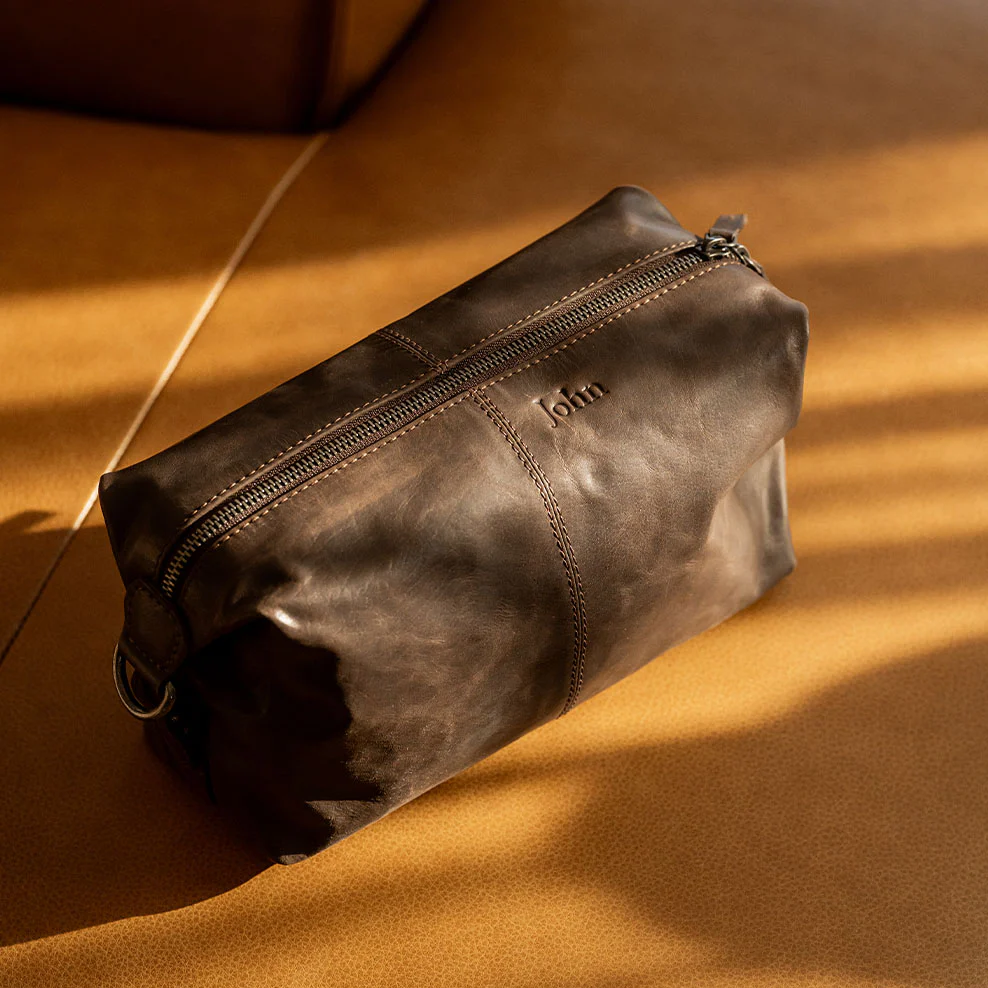 Personalised Leather Toiletries Bag - Brown - Image 4