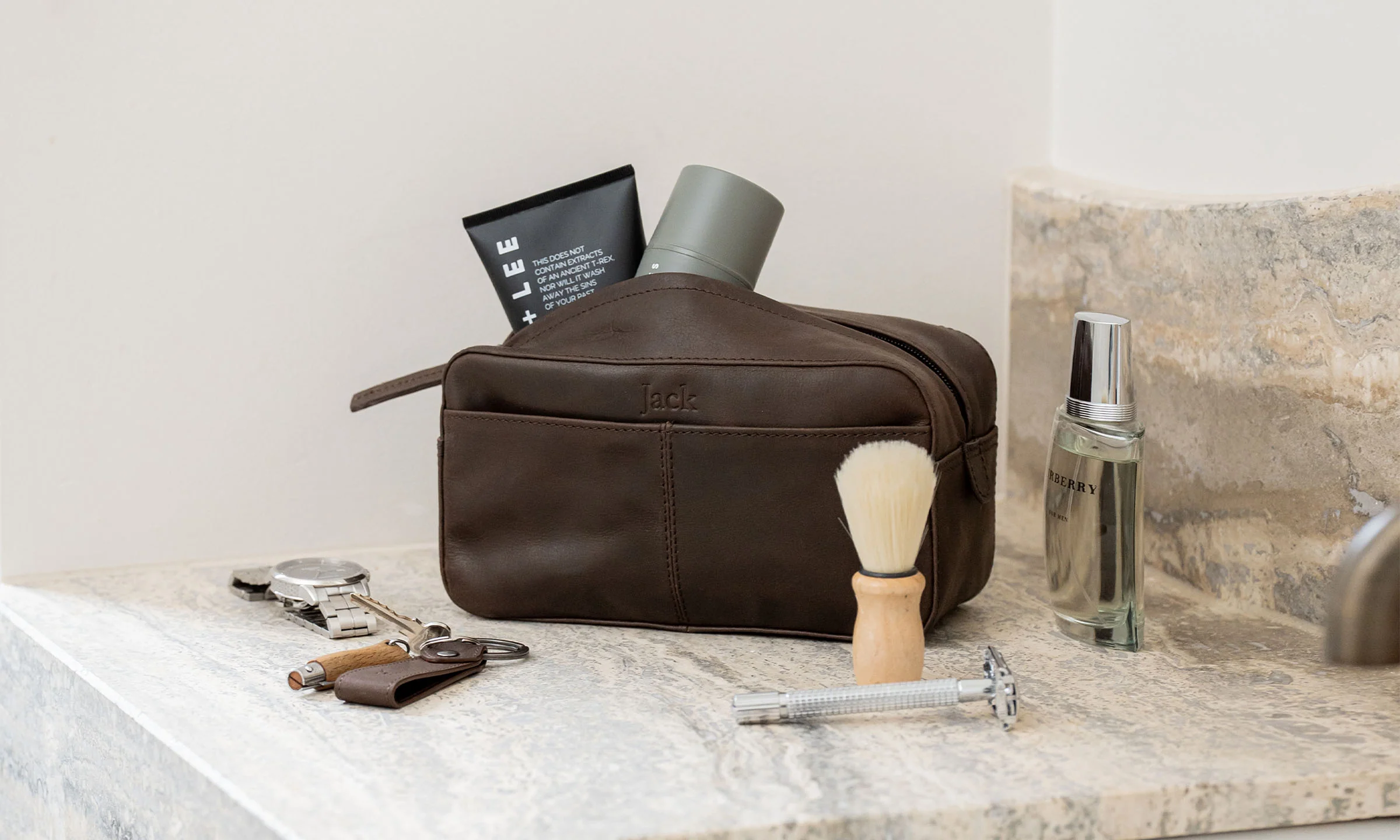 Personalised Leather Toiletries Bag & Keyring - Brown