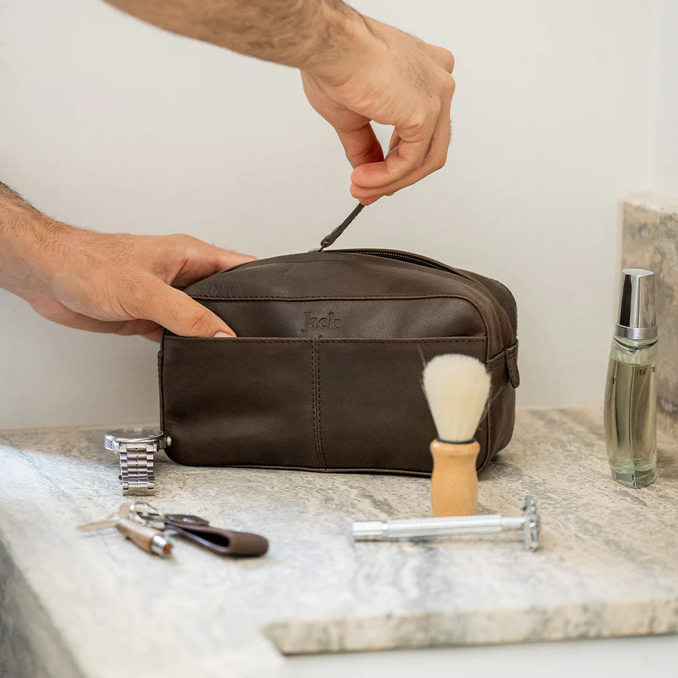 Personalised Leather Toiletries Bag & Keyring - Brown - Image 2
