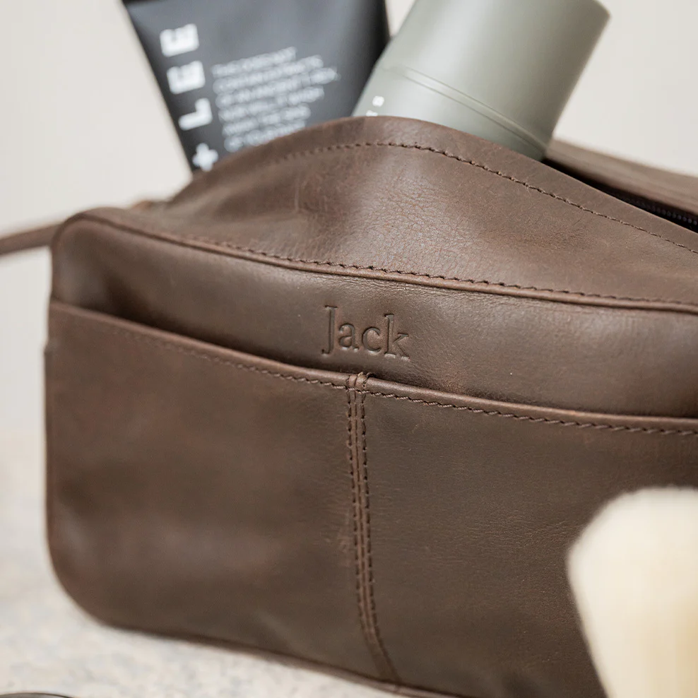 Personalised Leather Toiletries Bag & Keyring - Brown - Image 3