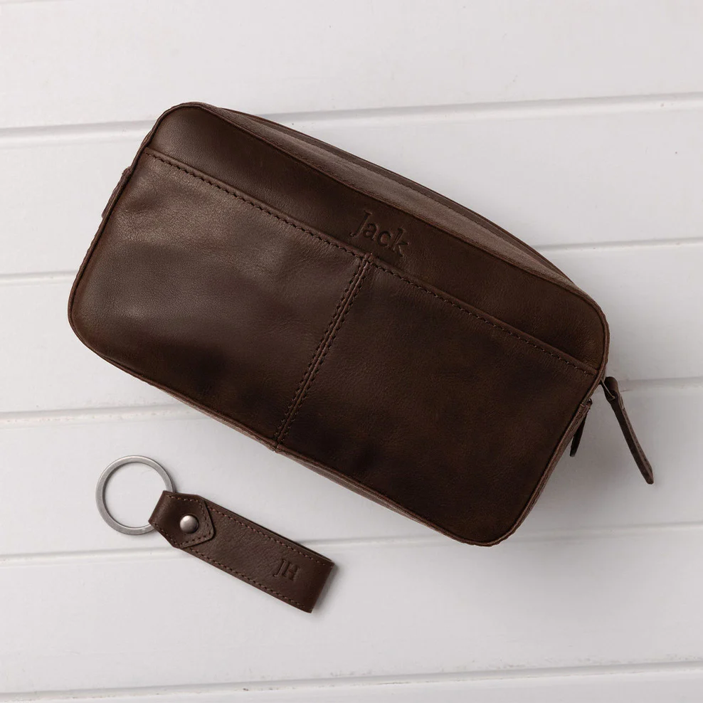 Personalised Leather Toiletries Bag & Keyring - Brown - Image 4