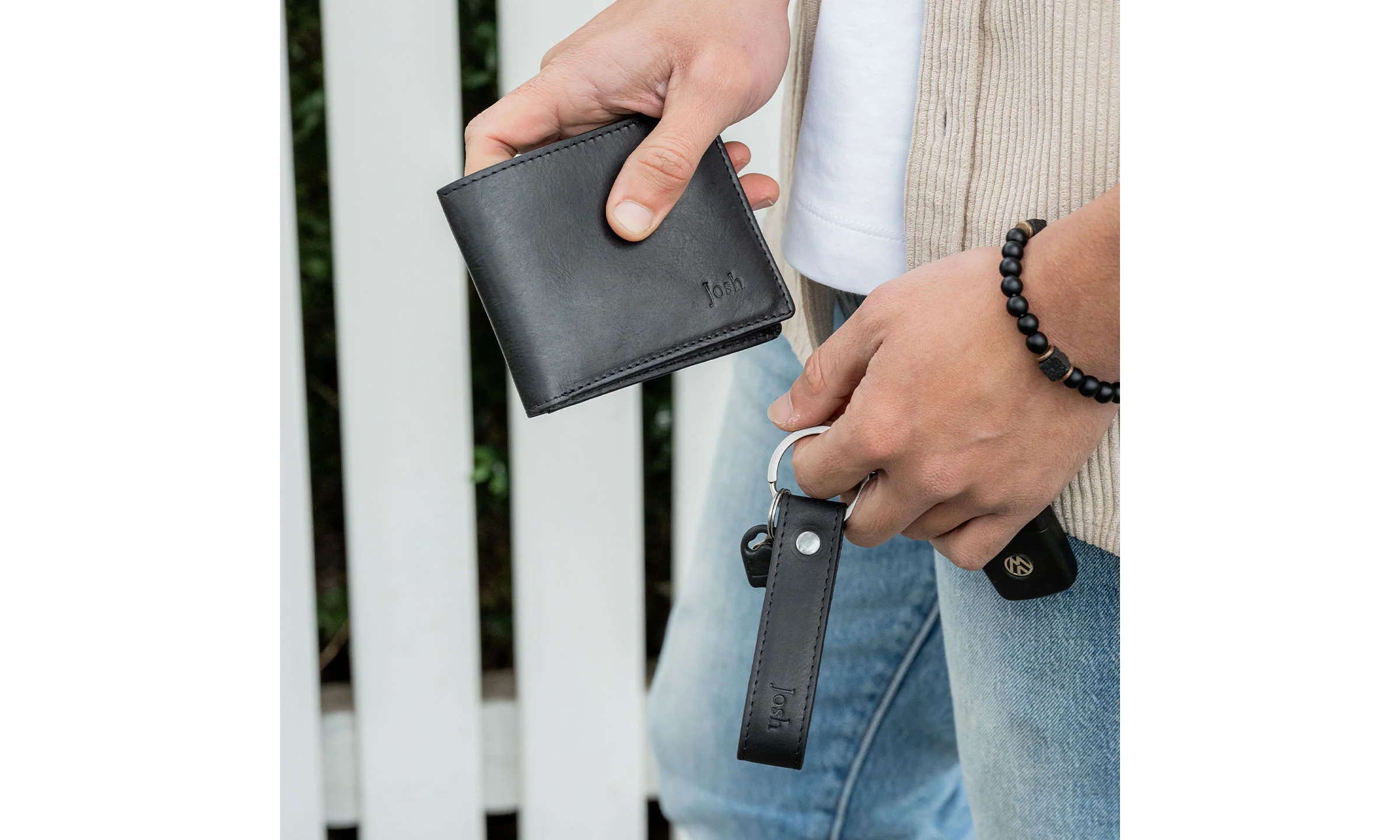 Personalised Leather Wallet & Keyring Set - Black