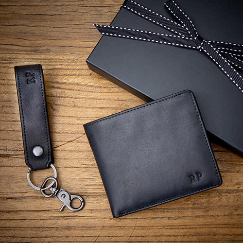 Personalised Leather Wallet & Keyring Set - Black - Image 6