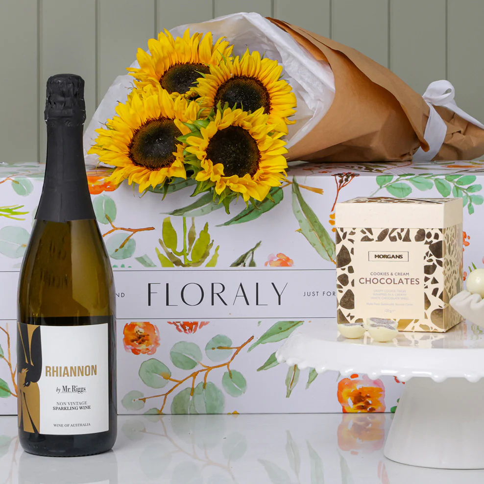 Sunflower Bouquet with Sparkling Wine Gift Box & Chocolates - Image 3